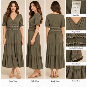 Serra Midi Dress Womens Medium Olive Green Cottagecore Boho Smocked Tiered Wrap